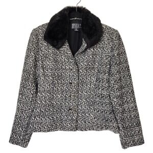 Spencer Jeremy Petites Tweed Faux Fur Collar Blazer Jacket Black White PM Retro
